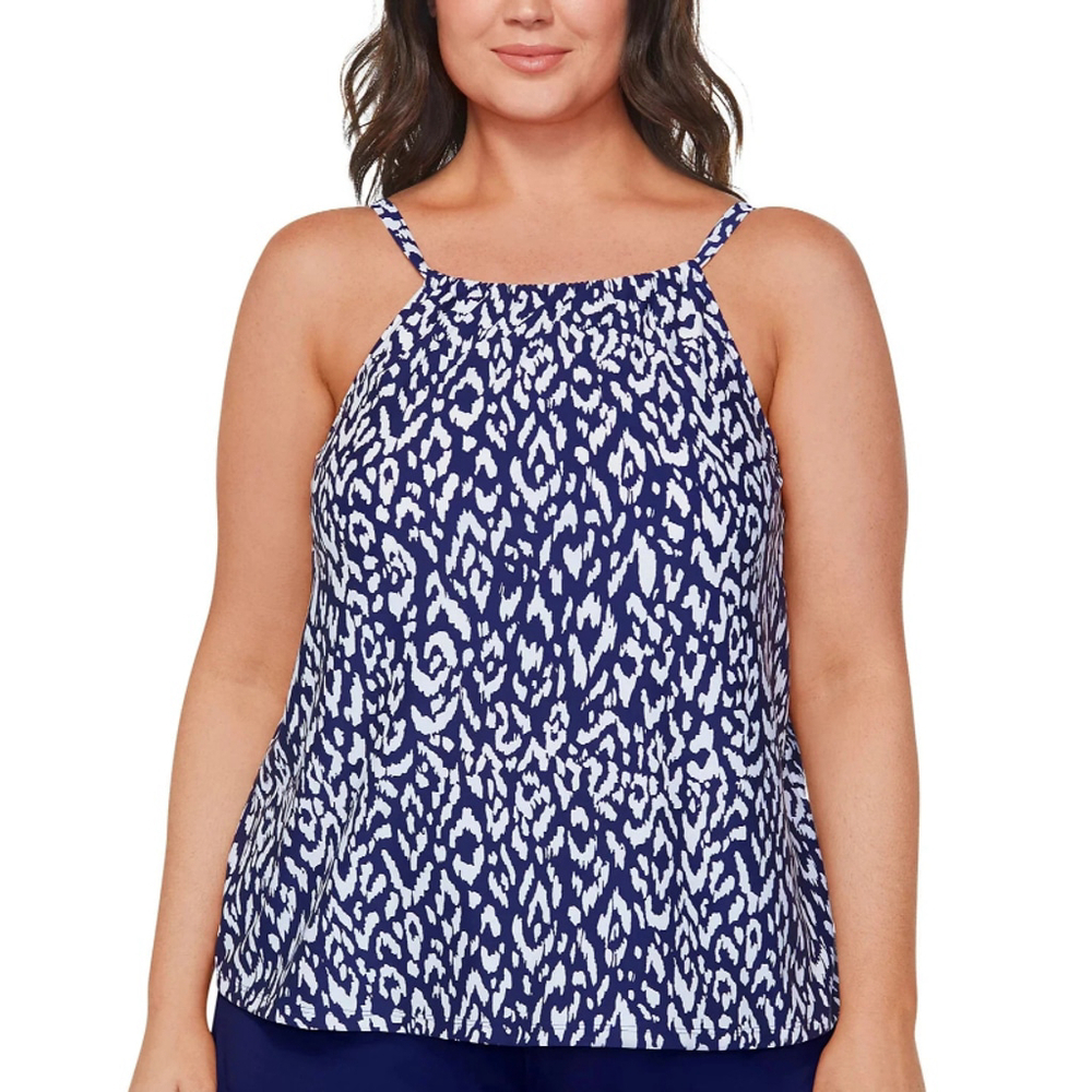 Island Escape Plus Size 22W Blue & White Cali Printed Tankini Top NWT